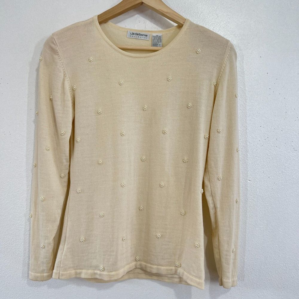 Vtg Liz Claiborne Collection 100% Merino Wool Sweater Womens Medium Pearl Beaded